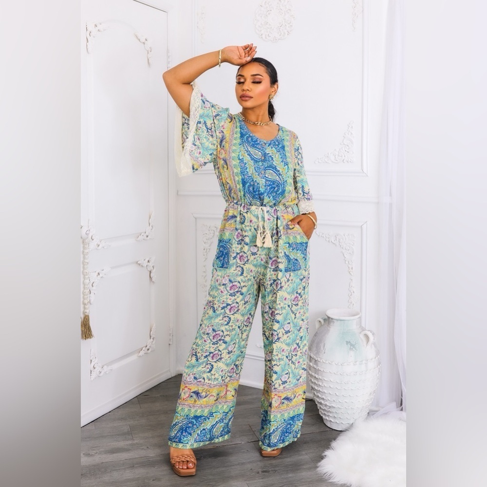 Paisley Print Jumpsuit in Blue and Yellow - Picture 3 of 6